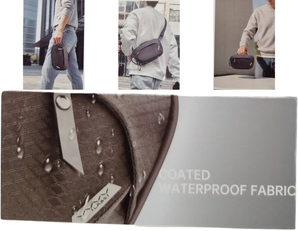 Collage of a person using a small bag with close-up details of the fabric.