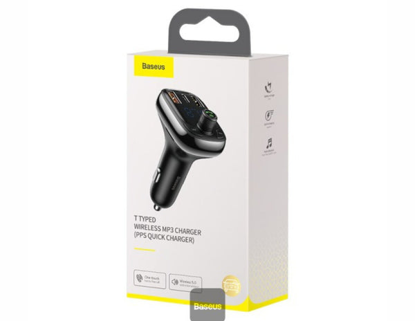 Baseus T-Type wireless MP3 charger packaging on a white background