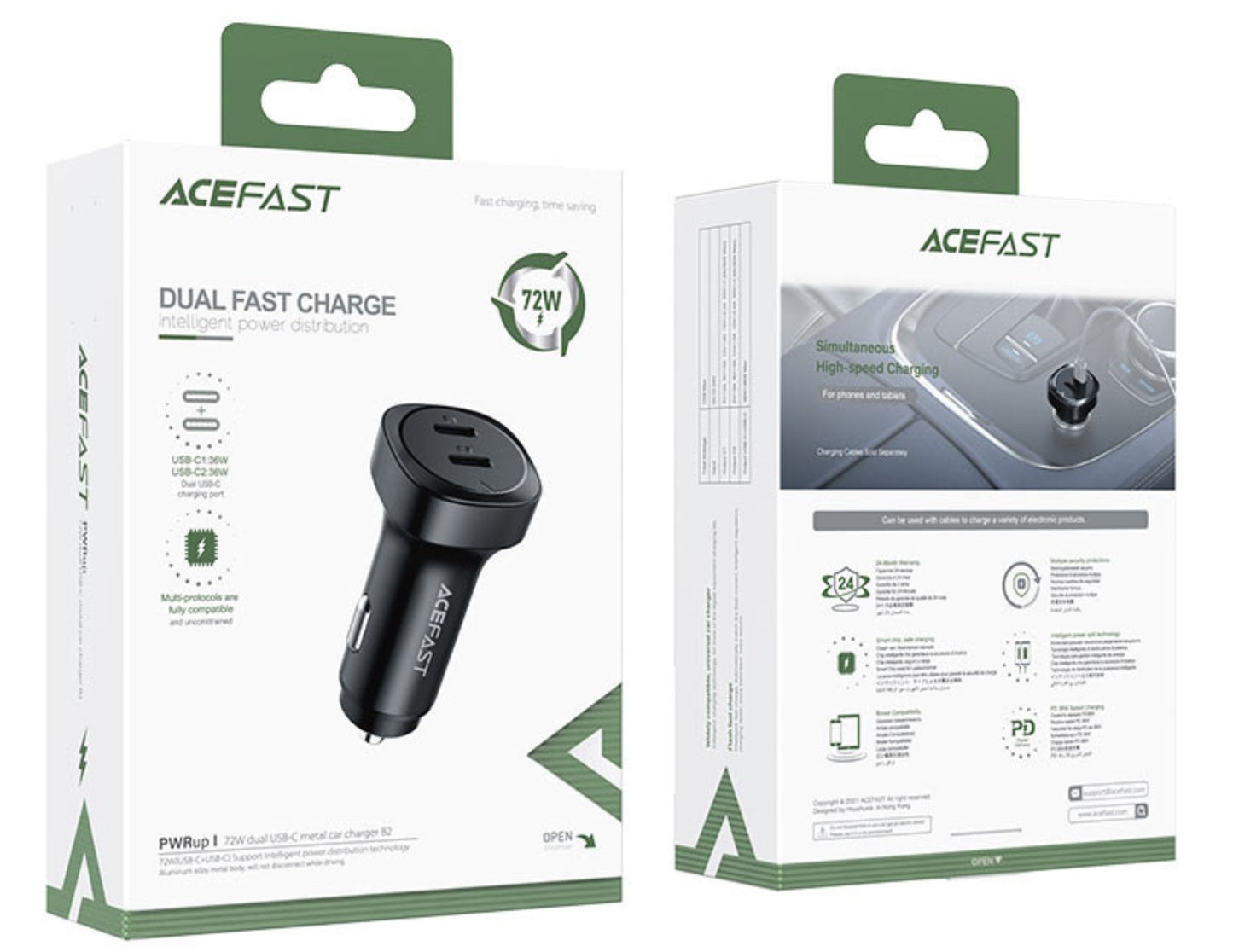 ACEFAST dual fast charge car adapter packaging on a white background