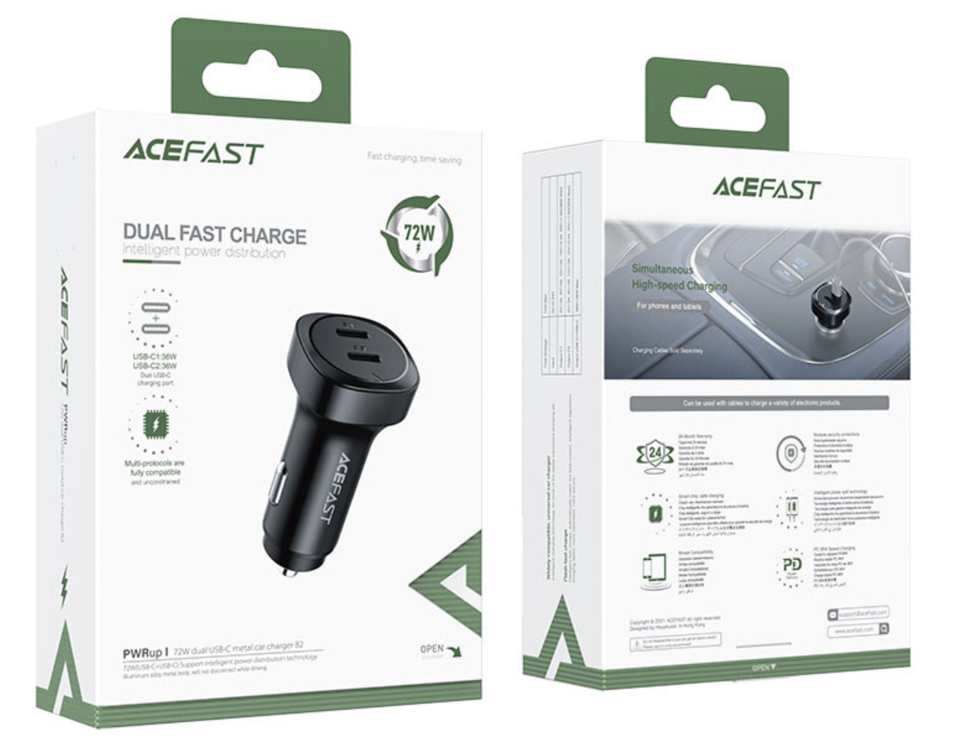 ACEFAST dual fast charge car adapter packaging on a white background