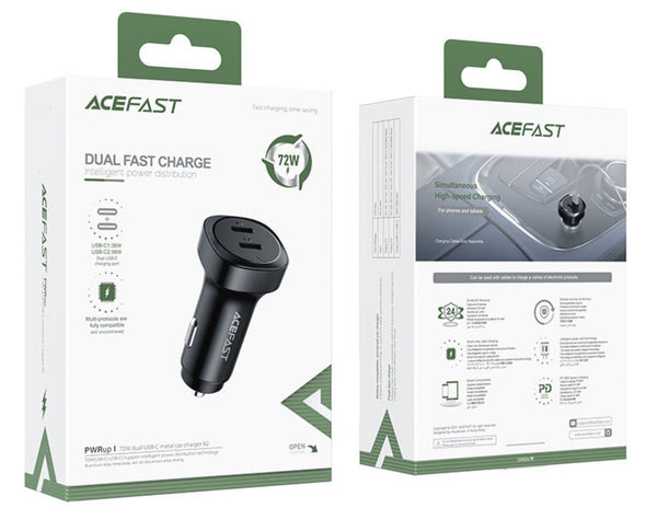 ACEFAST dual fast charge car adapter packaging on a white background