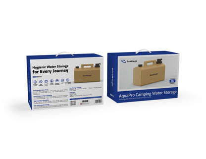Two boxes of AquaPro camping water storage containers on a white background