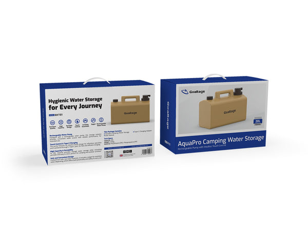 Two boxes of AquaPro camping water storage containers on a white background
