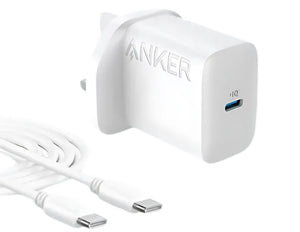 Anker USB charger with cable on a white background