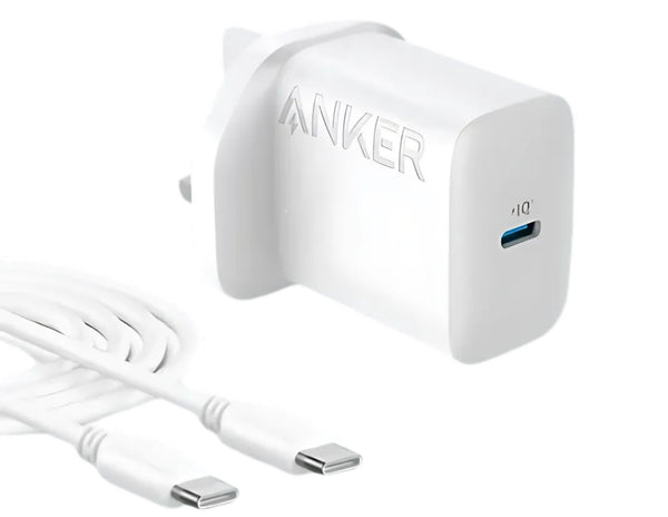 Anker USB charger with cable on a white background