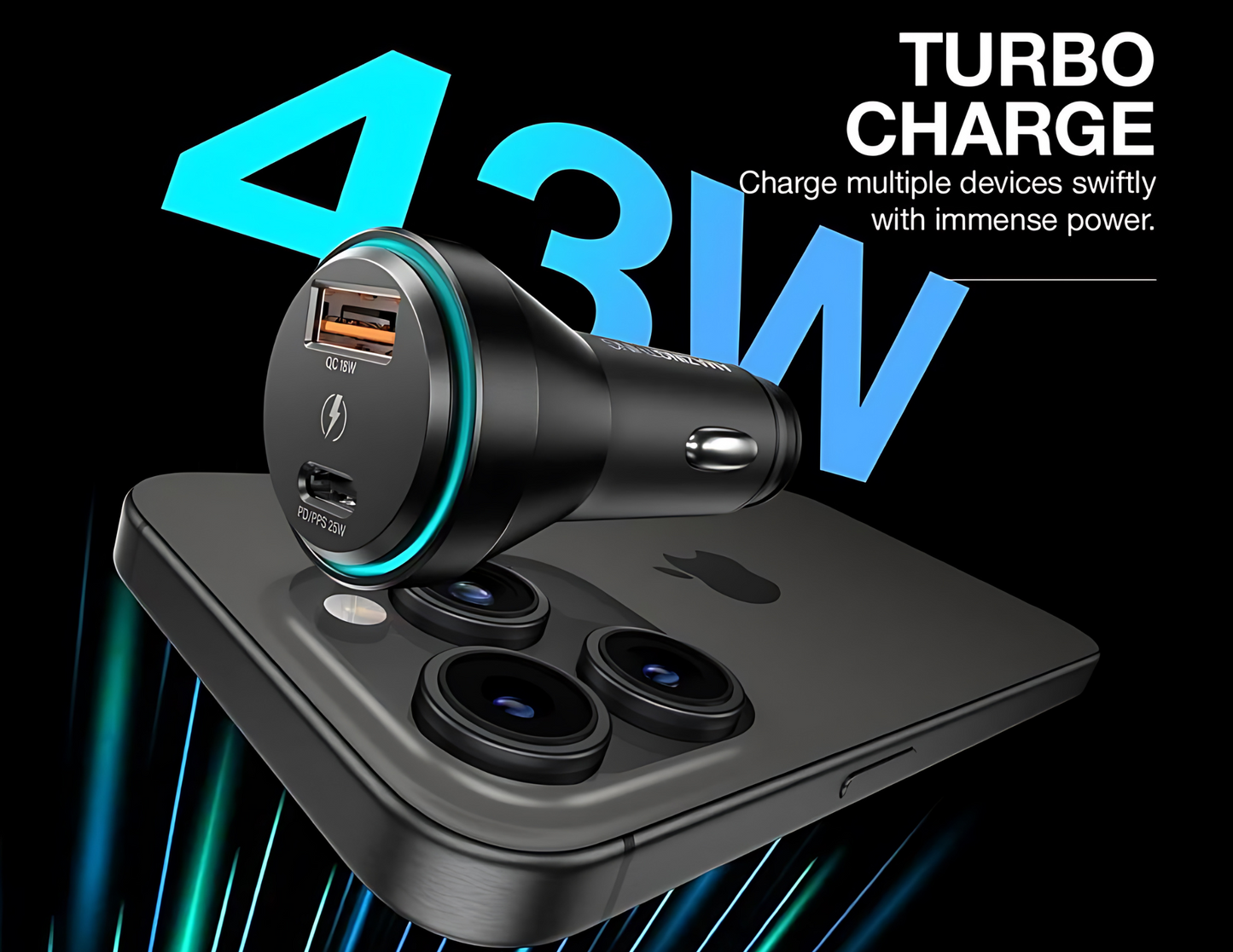 AMAZINGTHING FlexiPower Pro 43W Tri-port Car Fast Charger