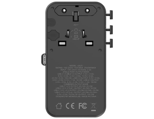 Back view of a power adapter with multiple plug sockets on a white background
