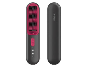 Black and pink hair straightener with a case on a white background