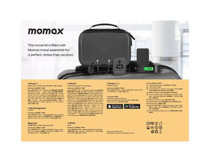 Momax travel kit packaging with black case and accessories on a white background
