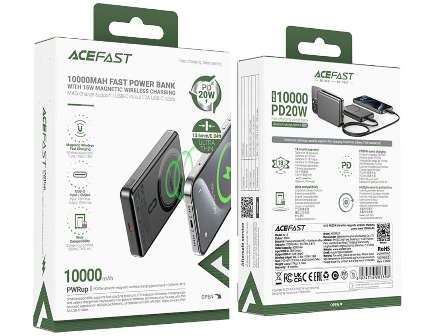 بنك طاقة Acefast M12 بسعة 10000 مللي أمبير/ساعة مع PD20W وشحن لاسلكي مغناطيسي