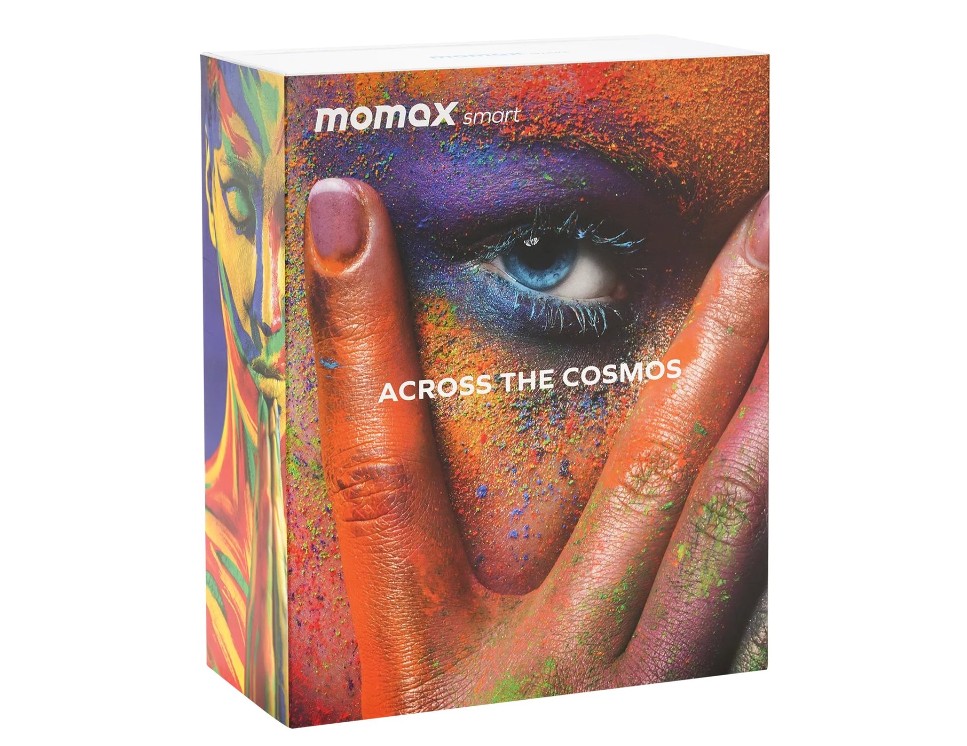 Momax Smart ZENSE IoT LED Clock with Wireless Charging – QC3SWWW product packaging with a hand and eye design, featuring the brand 'momax'.