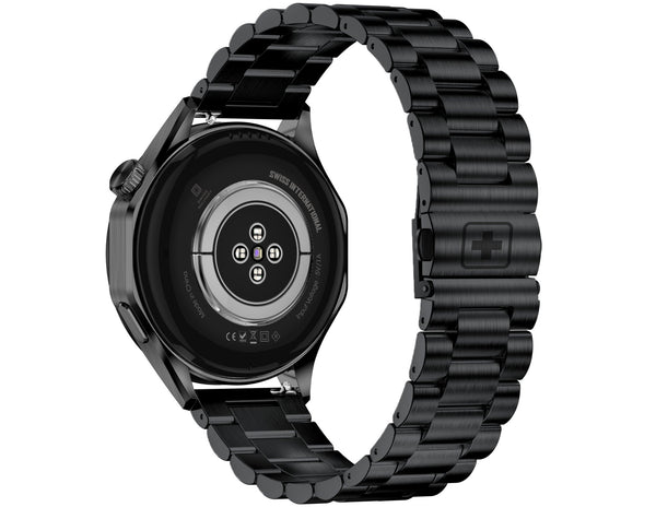 Black smartwatch with metal band on a white background