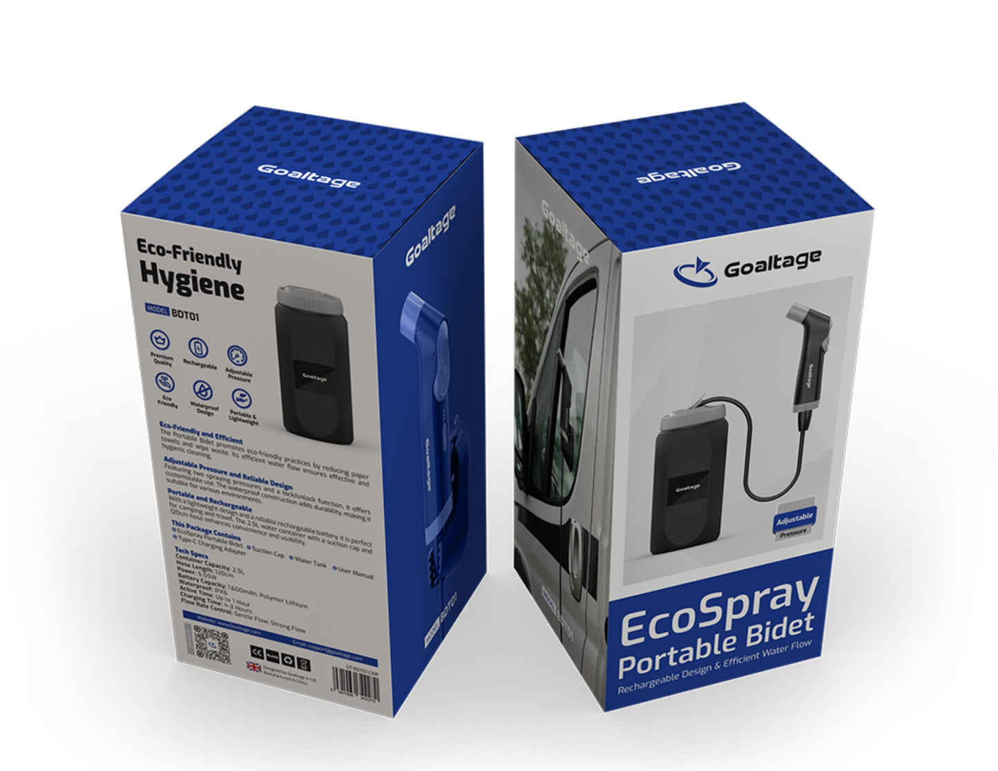 Two packaging boxes for Goaltage EcoSpray Portable Bidet on a white background