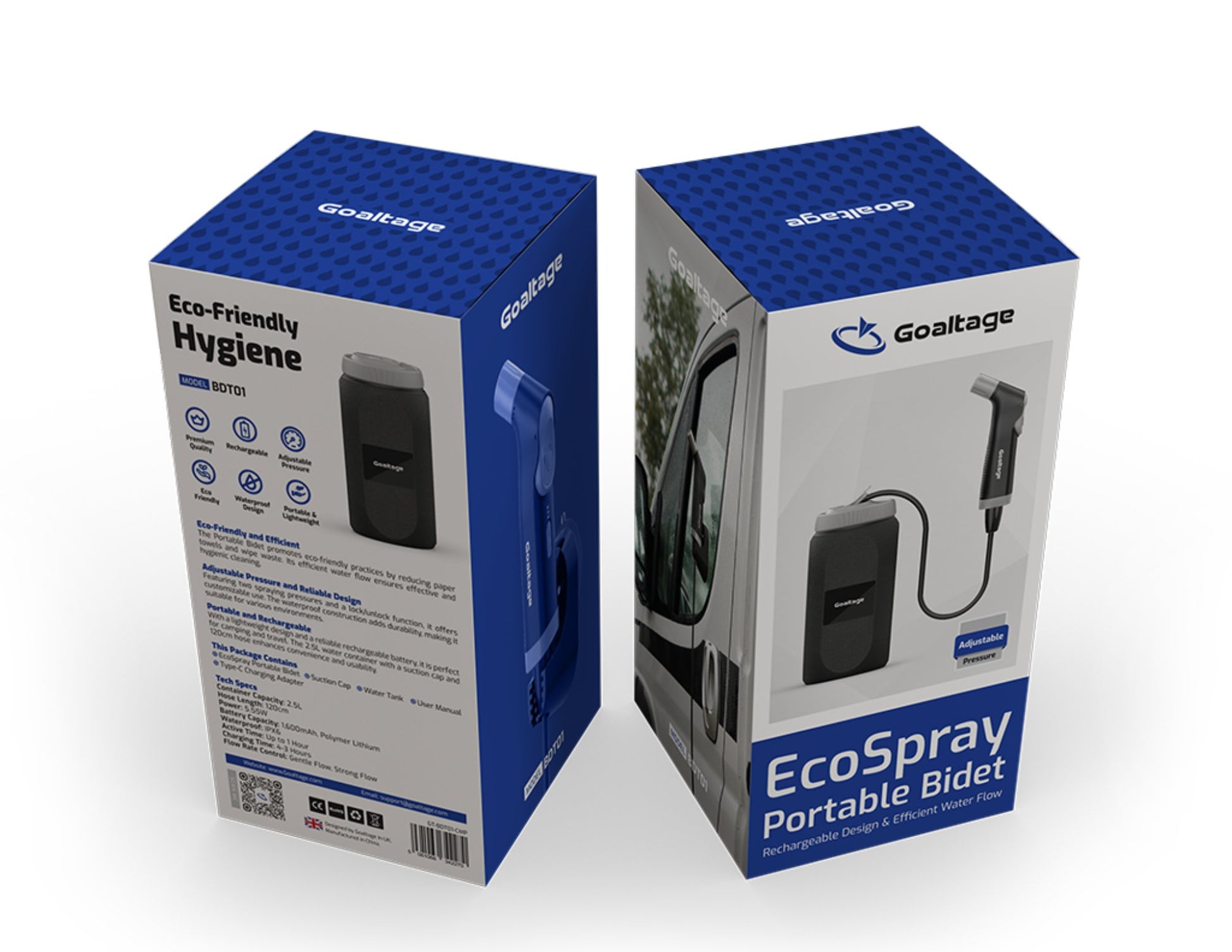 Two packaging boxes for Goaltage EcoSpray Portable Bidet on a white background