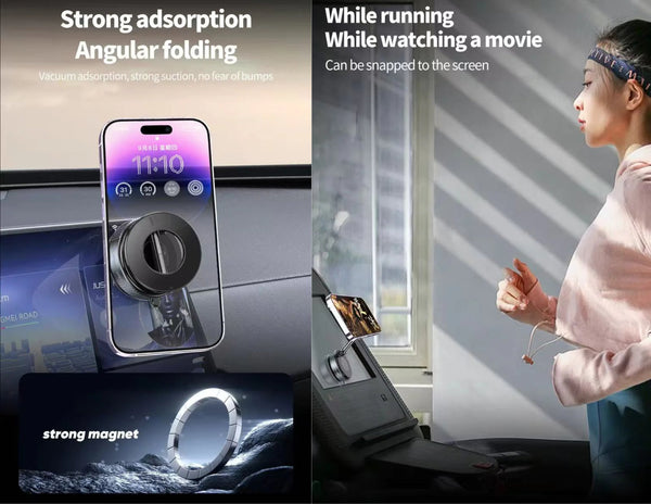 Phone holder with strong magnet and angular folding feature, used in car and for watching movies.