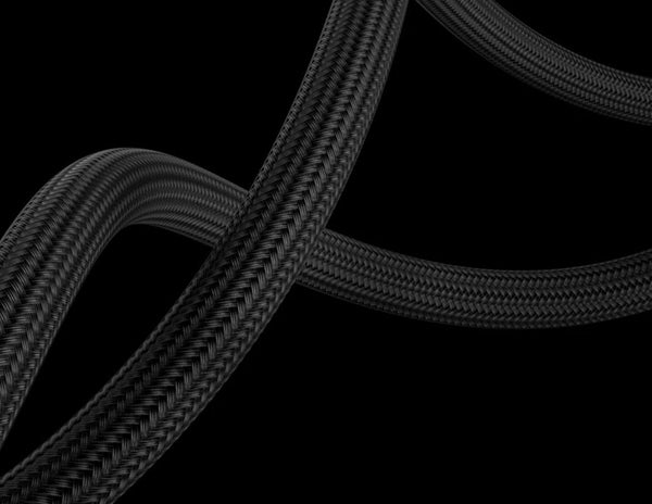 Close-up of black braided rope on a transparent background