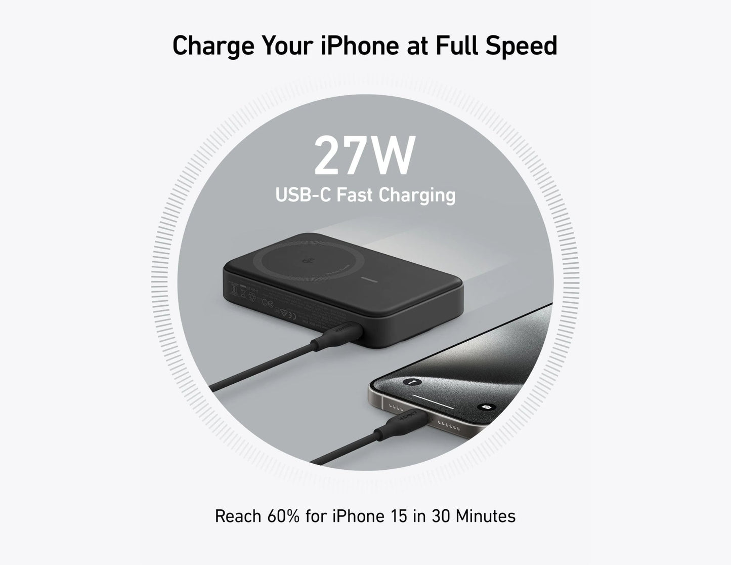 Fast charging device with text indicating USB-C fast charging and performance for iPhone.