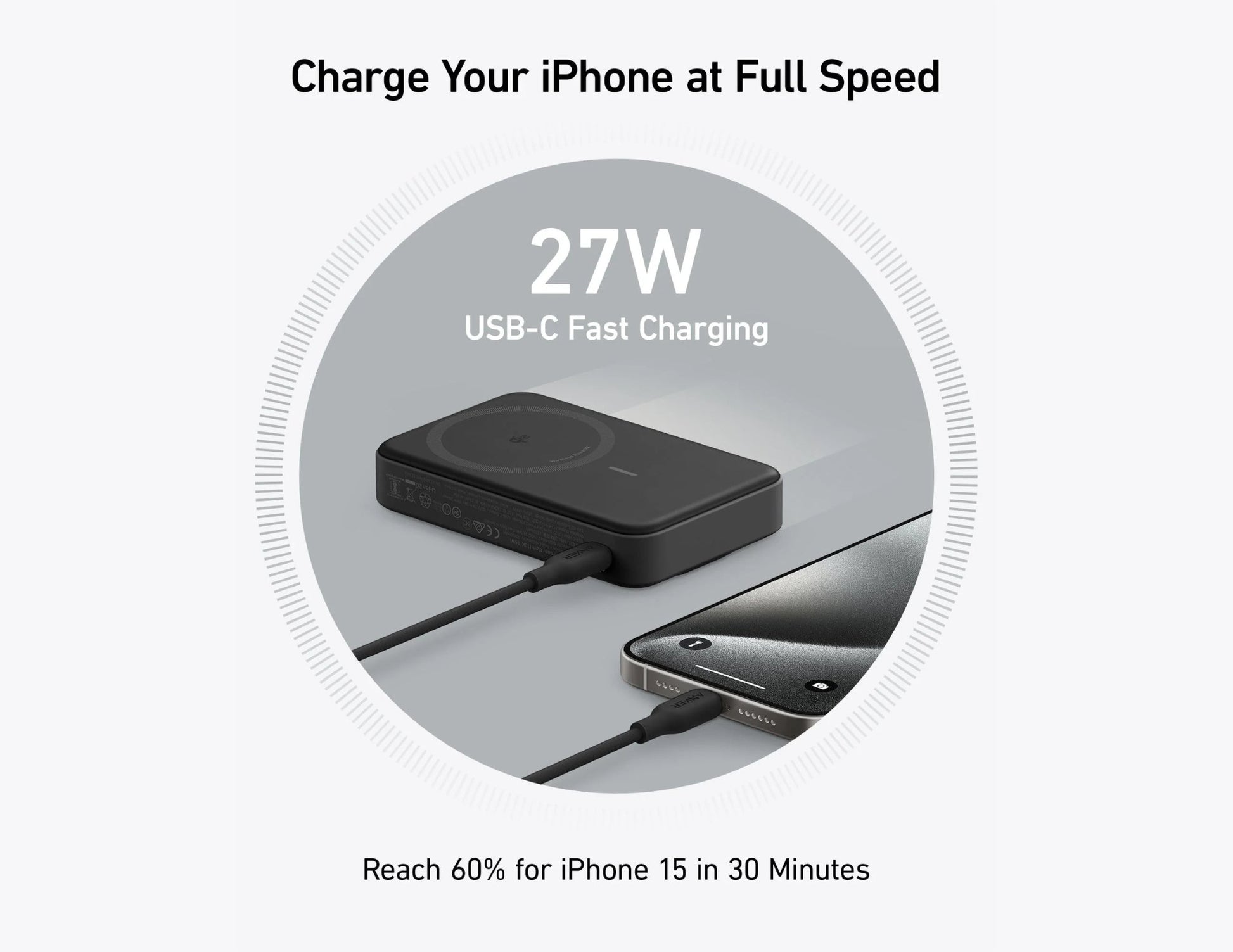 Fast charging device with text indicating USB-C fast charging and performance for iPhone.
