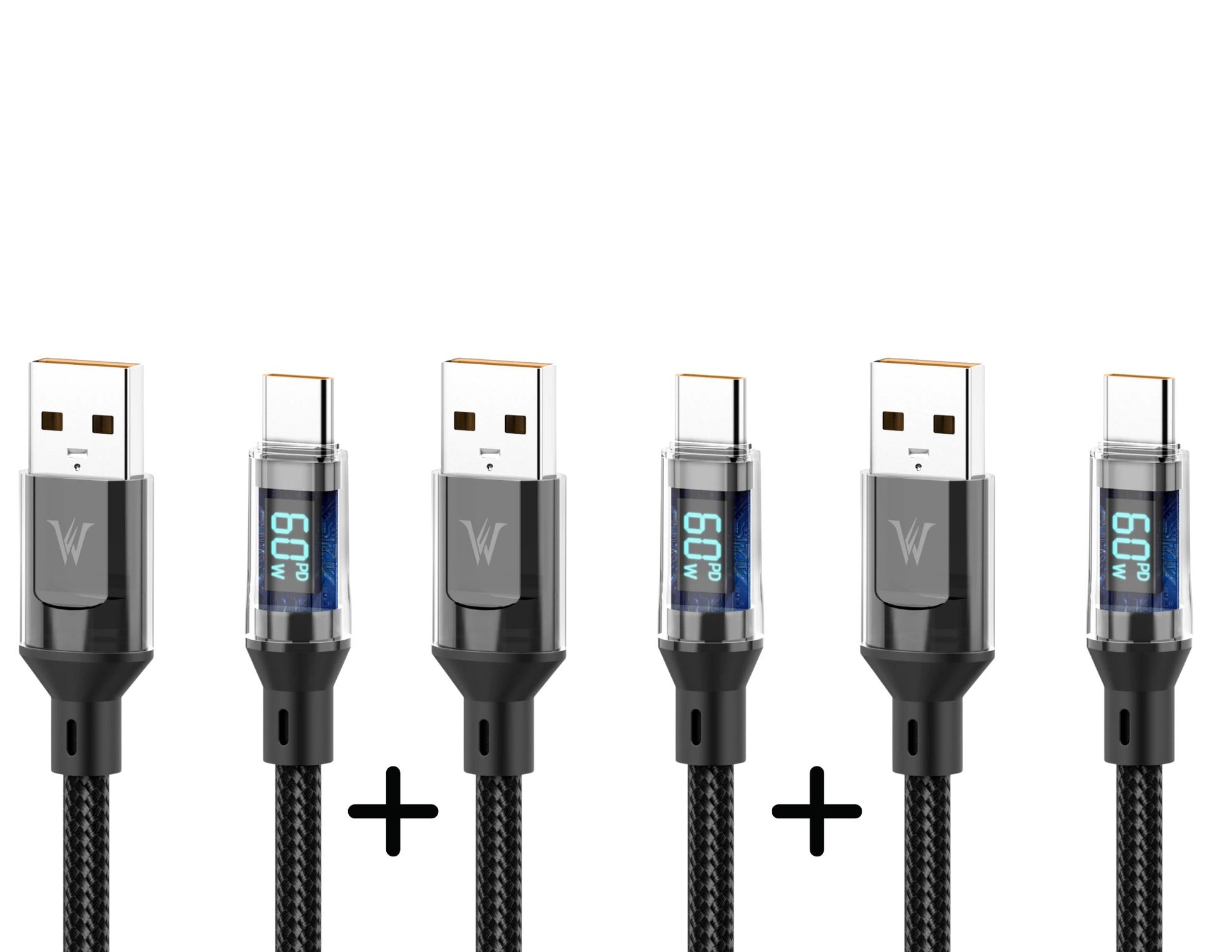Set of five USB cables with digital displays on a white background