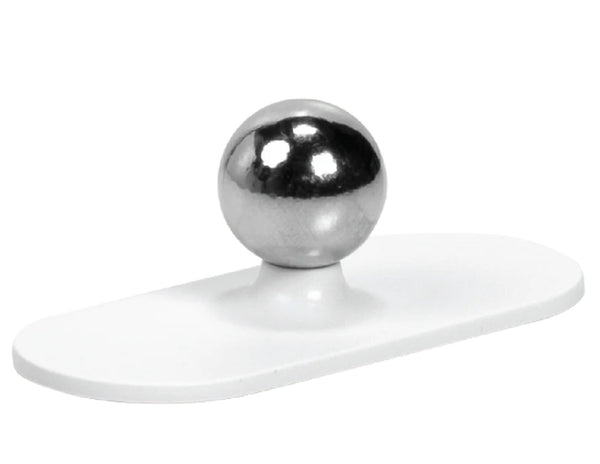 Metallic sphere on a white base with a white background
