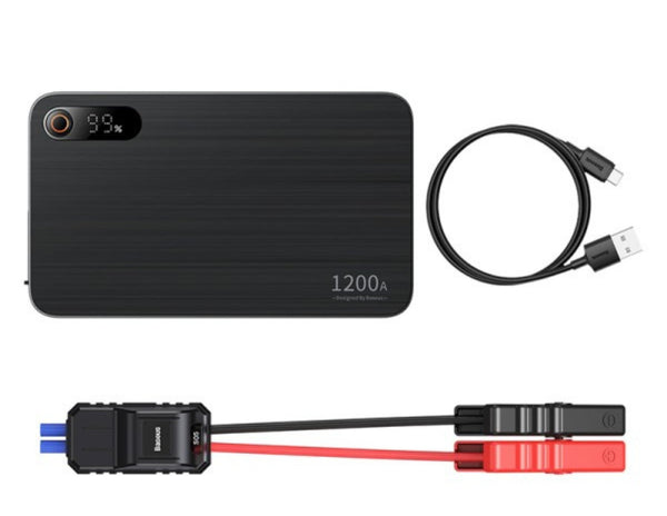 Black power bank with cables on a white background