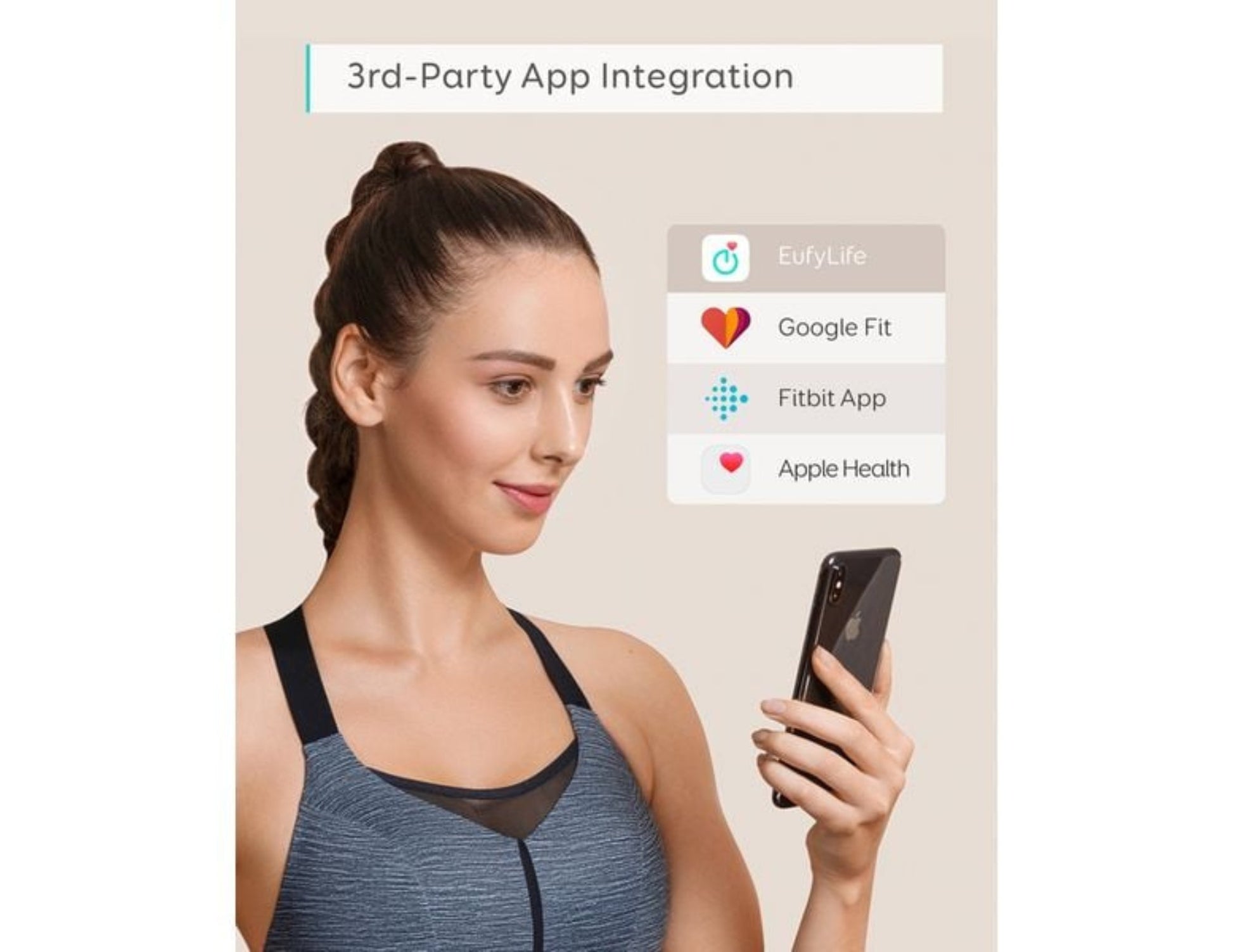Woman holding a smartphone with fitness app integration options displayed on screen