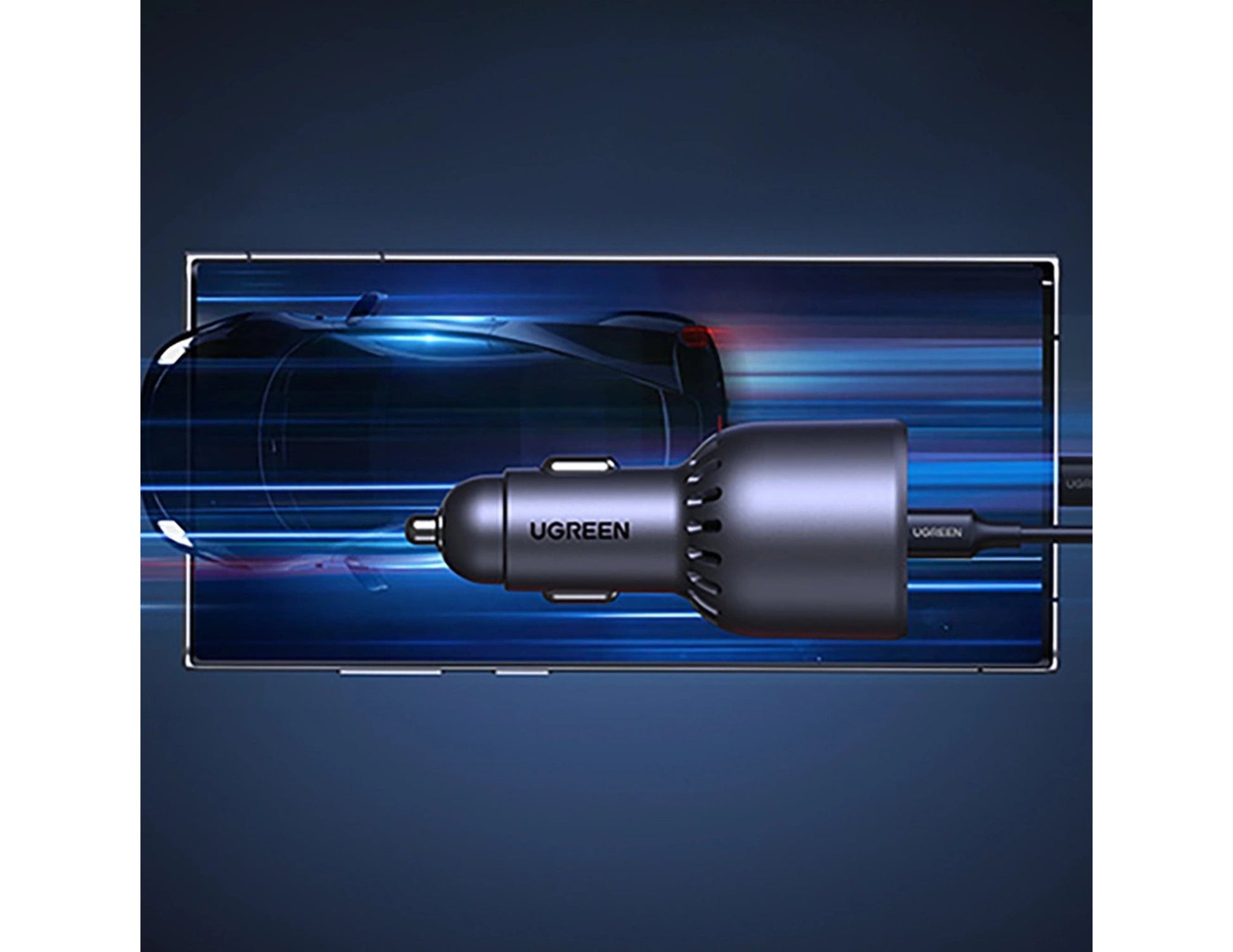 UGREEN car charger on a blue background with a car illustration
