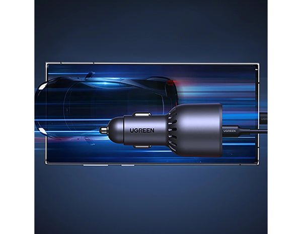 UGREEN car charger on a blue background with a car illustration