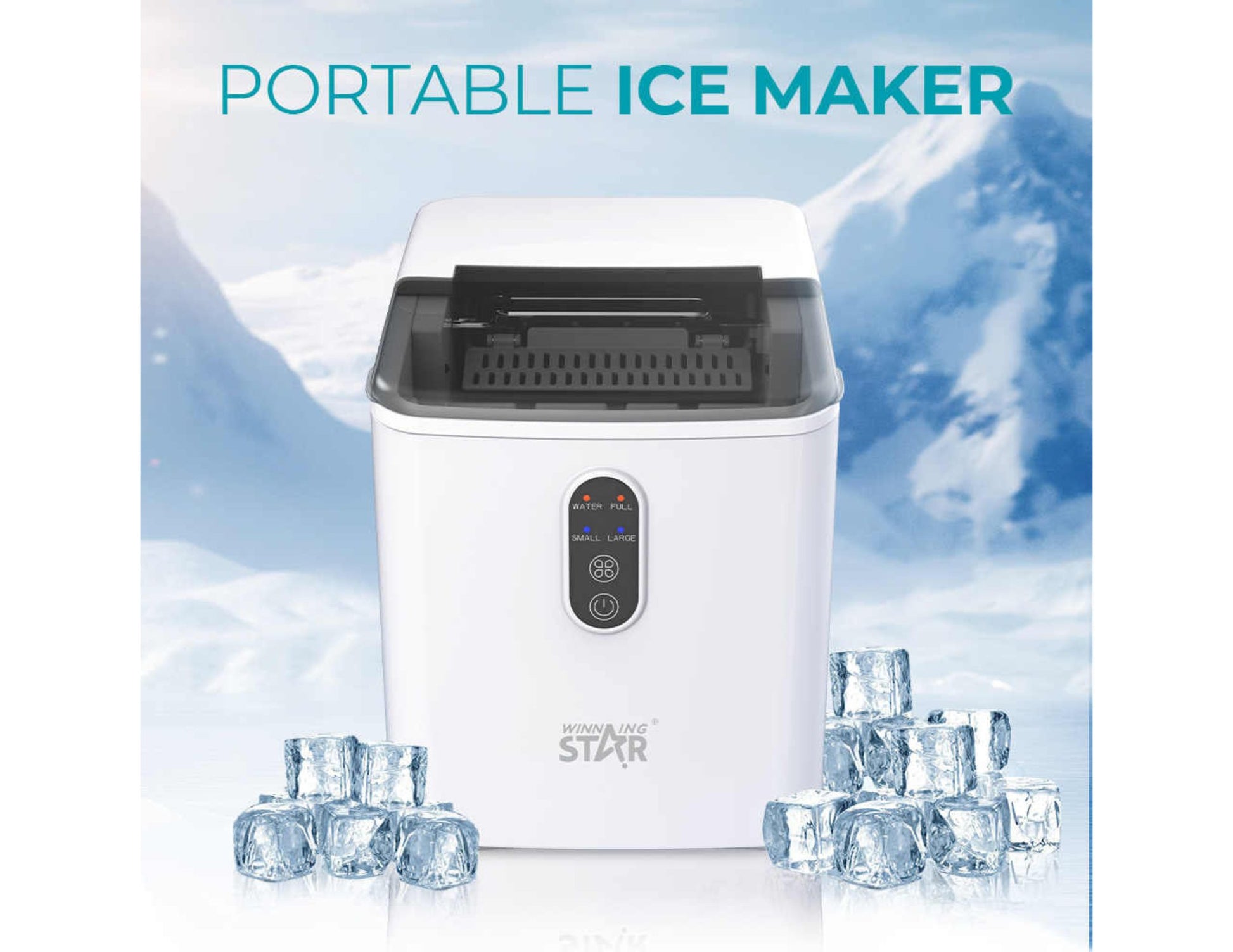 Winning Star Portable Ice Maker ST-9501 with ice cubes on a blue sky background
