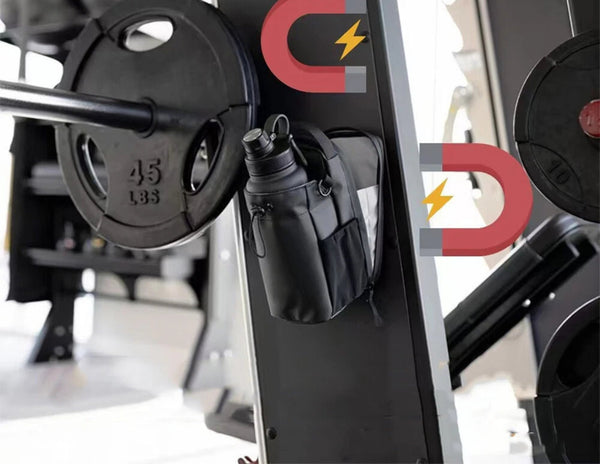 Black weightlifting bag attached to a weight rack with visible brand logos.