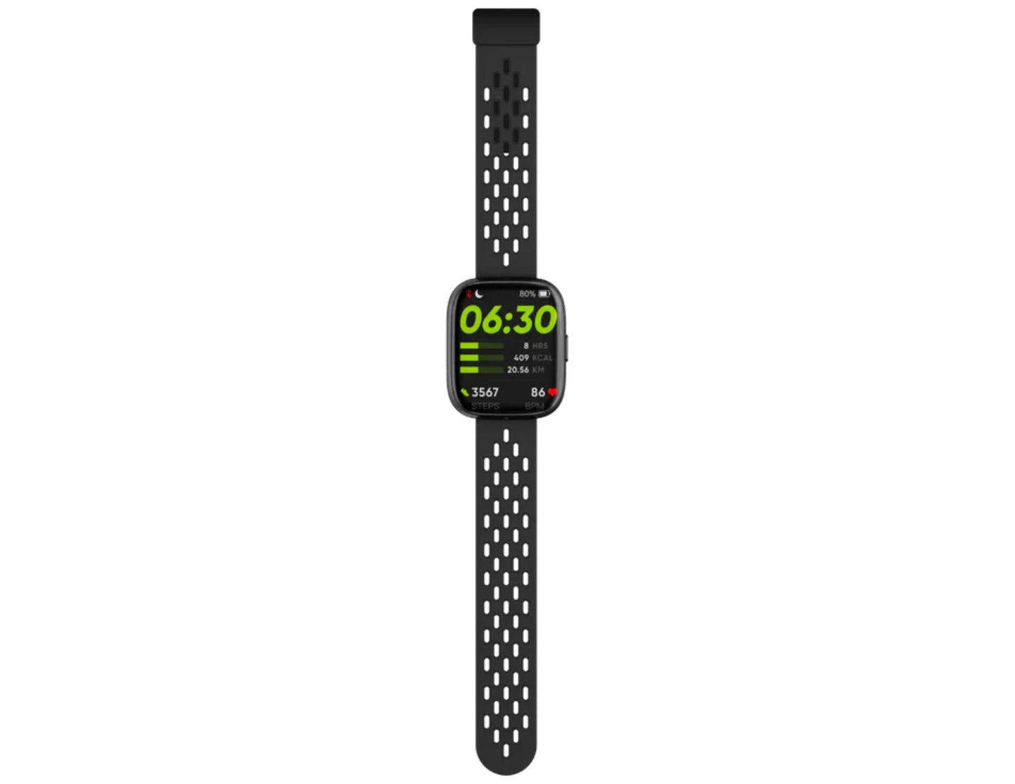 Smartwatch with a black perforated band on a white background