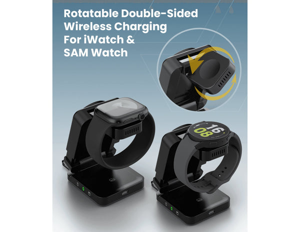 Rotatable double-sided wireless charging stand for iWatch and SAM Watch on a light blue background.
