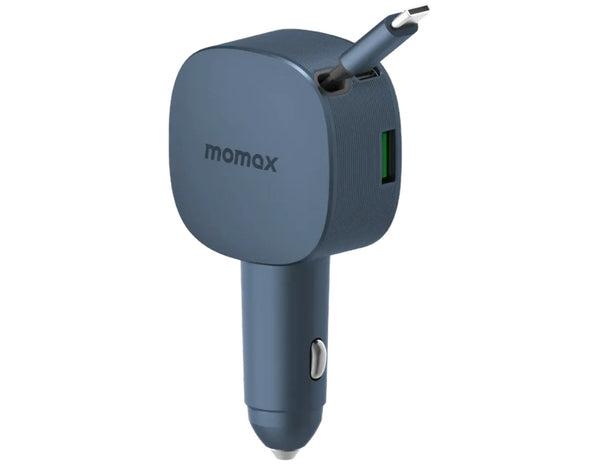Momax 1-Move⁺ 2-Port Car Charger With Built-In Retractable Cable 60W (UC19E) with USB port and cable, featuring the Momax brand on a white background.