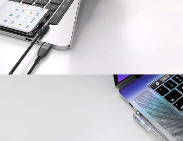 Collage of a smartphone with a keyboard attachment and a laptop on a white surface.