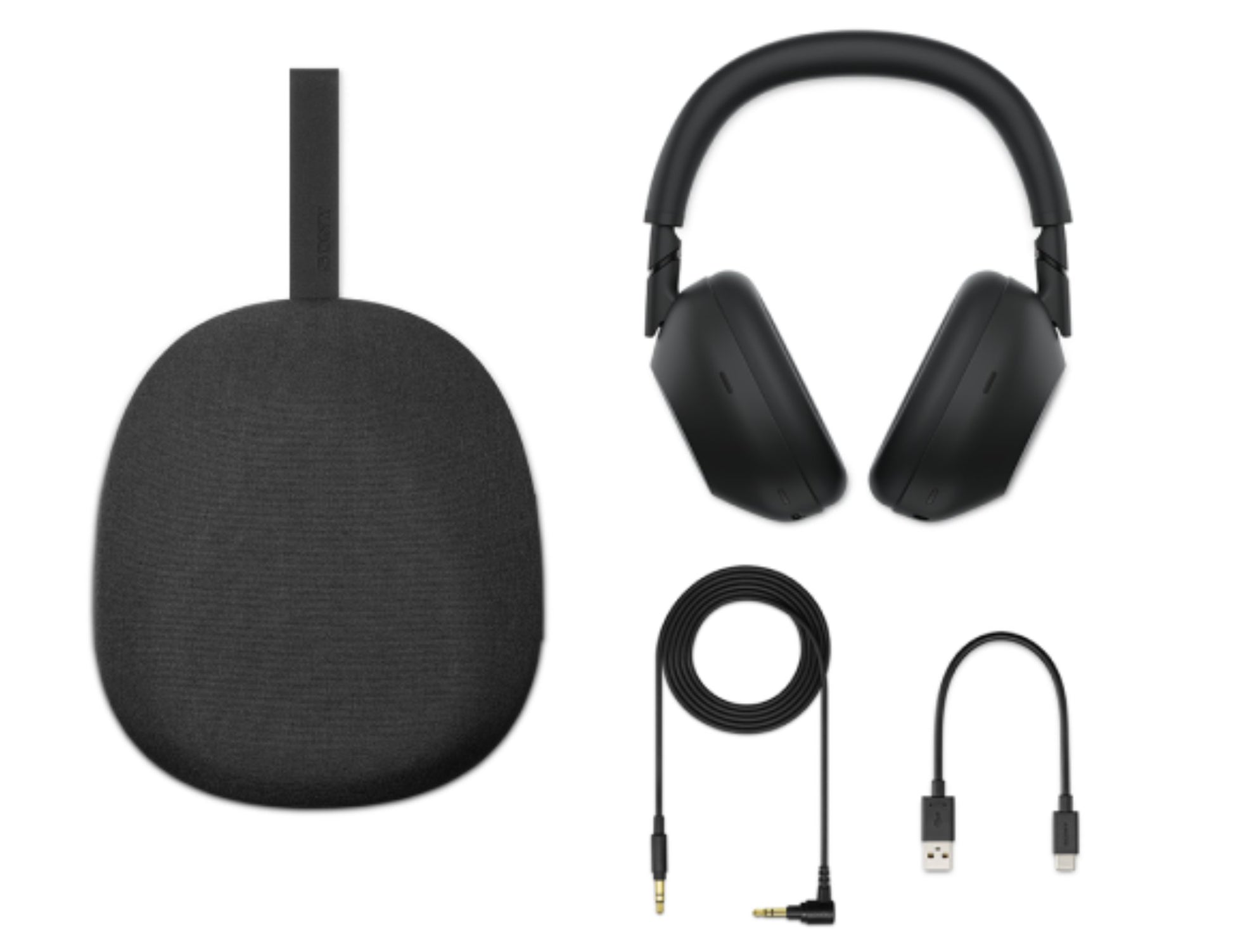 Sony WH-1000XM6 Wireless Noise Canceling Headphones – Black with carrying case, cable, and USB adapter on a white background