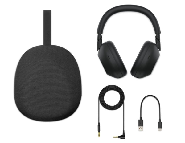 Sony WH-1000XM6 Wireless Noise Canceling Headphones – Black with carrying case, cable, and USB adapter on a white background