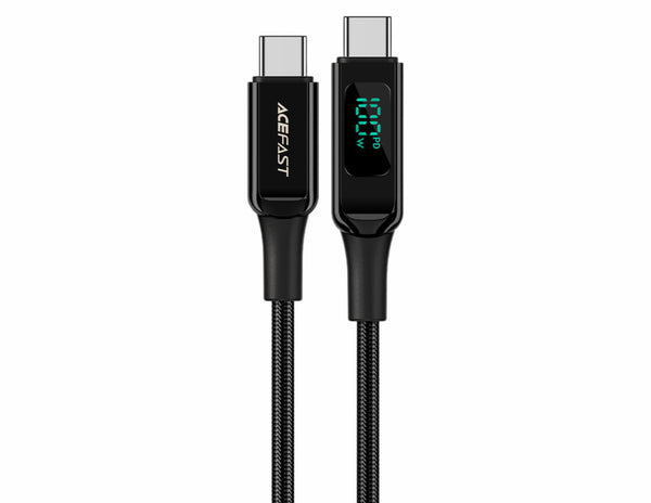 Black charging cable with digital display on a white background