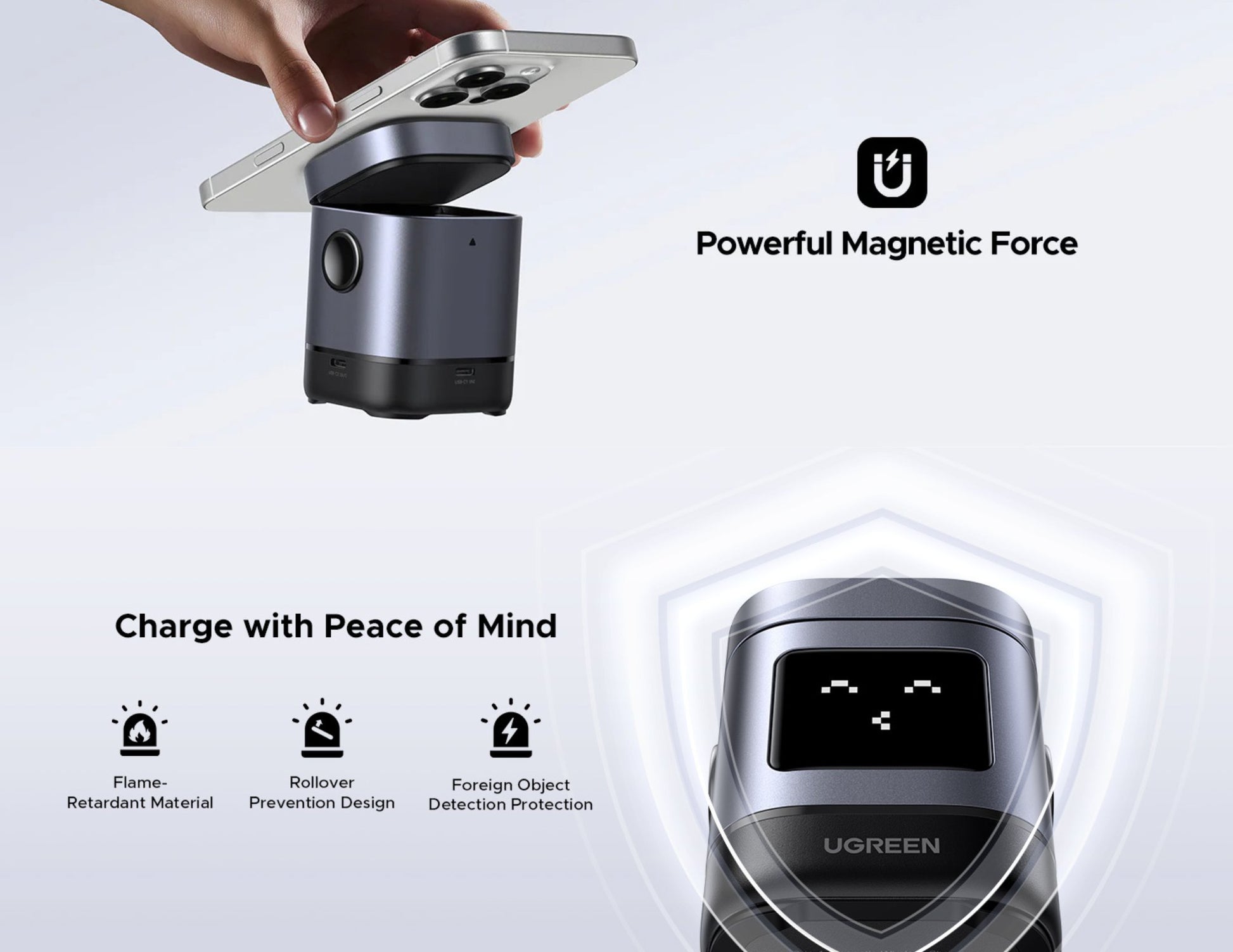 UGREEN Uno 2-in-1 Magnetic Wireless Charging Station – W709 featuring Ugreen branding on a white background.