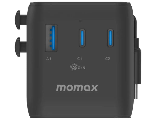 Black power adapter with USB ports and momax branding on a white background