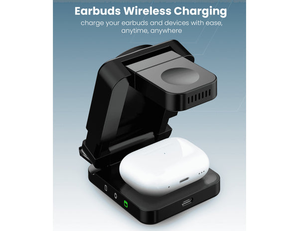 Wireless charging station with earbuds on a light blue background