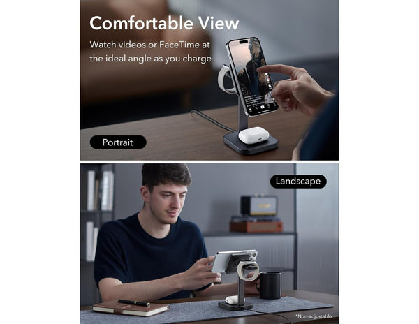 Phone stand with adjustable angle for watching videos or FaceTime, shown in portrait and landscape modes.