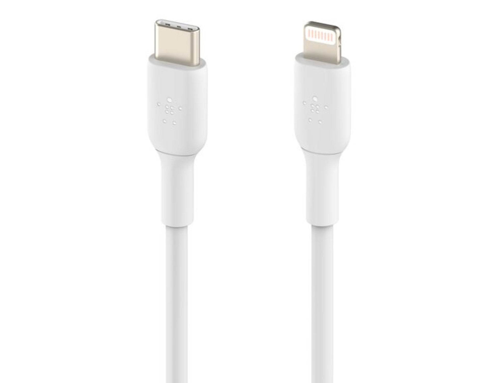 White Belkin BoostCharge USB-C to Lightning Cable 1M CAA003bt1M on a white background