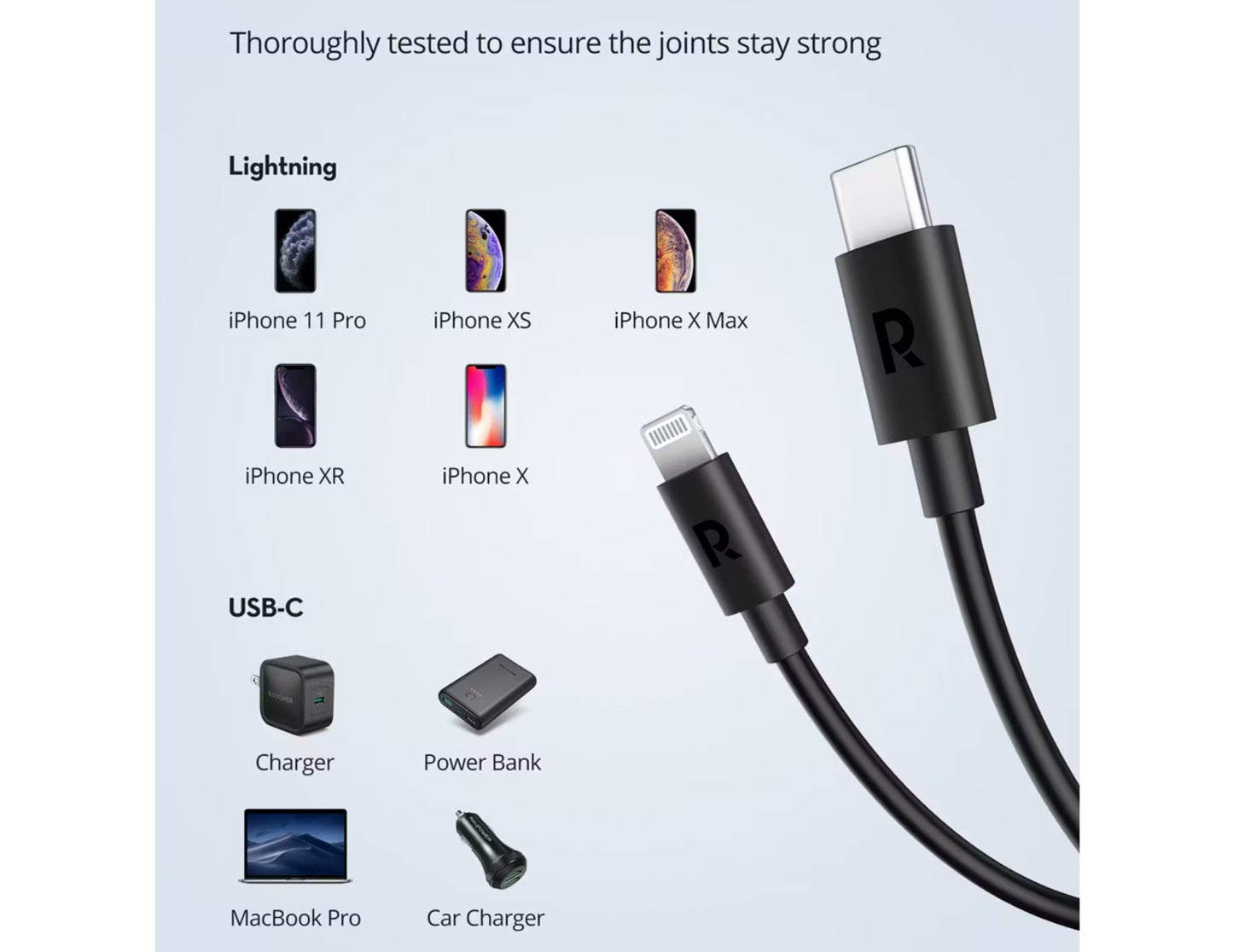 كابل RAVPower RP-CB062 من النوع C إلى Lightning بطول 1 متر - كابل شحن سريع للآيفون