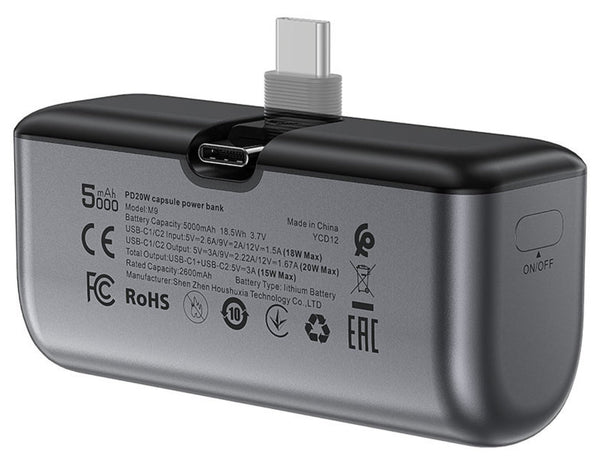 Black and gray power bank with USB-C connector on a white background