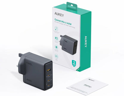 شاحن حائط Aukey Comet Mix 4 بقوة 140 واط PD بأربعة منافذ GaN PA-C6 رمادي