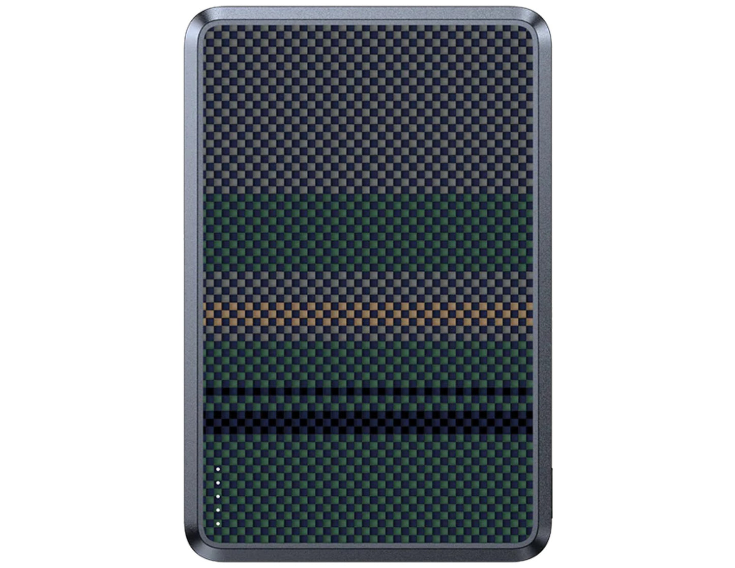 Rectangular device with carbon fiber pattern on a white background