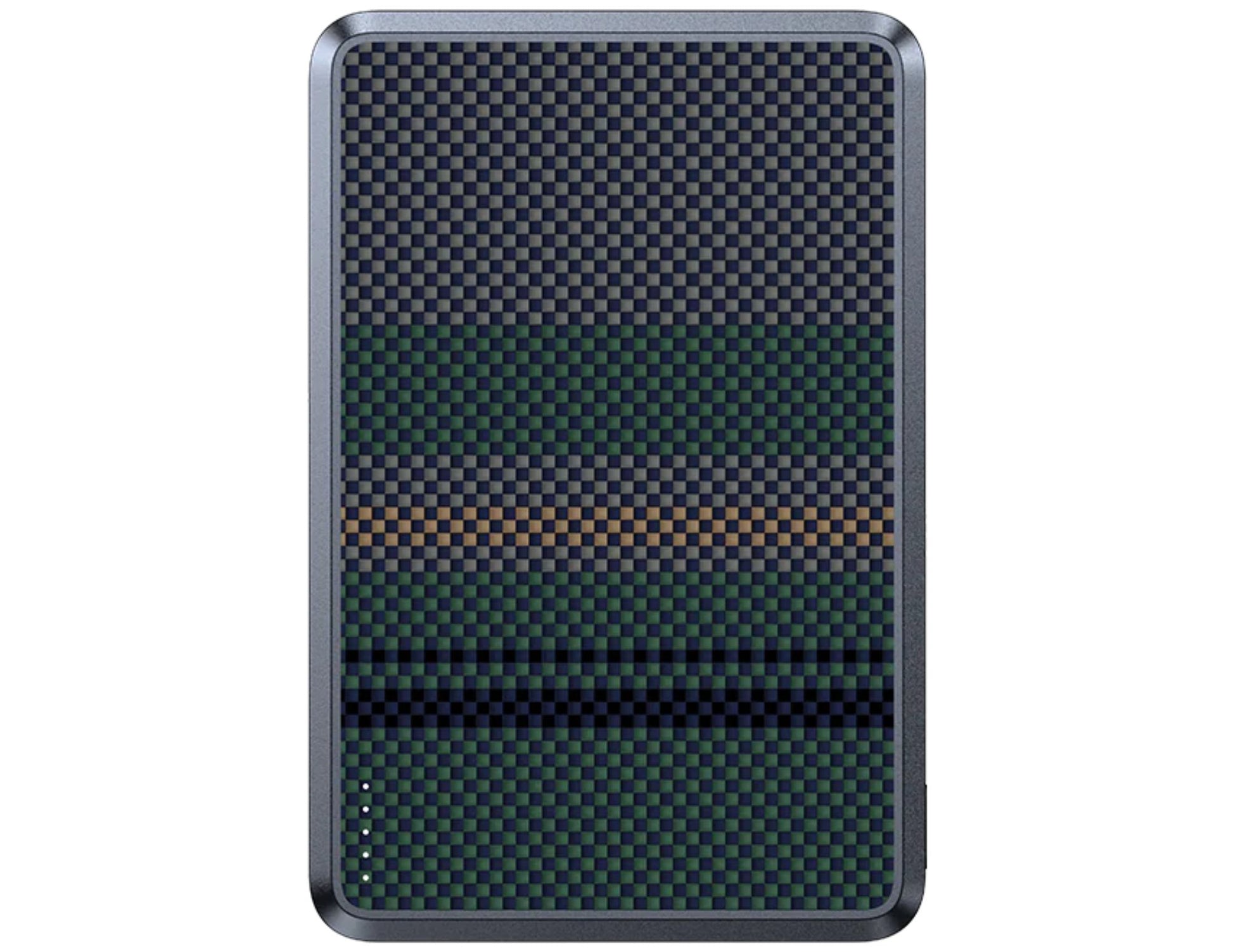 Rectangular device with carbon fiber pattern on a white background