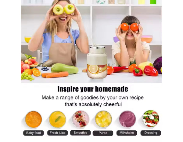 Two people holding jars with fruits and vegetables, promoting homemade food products.