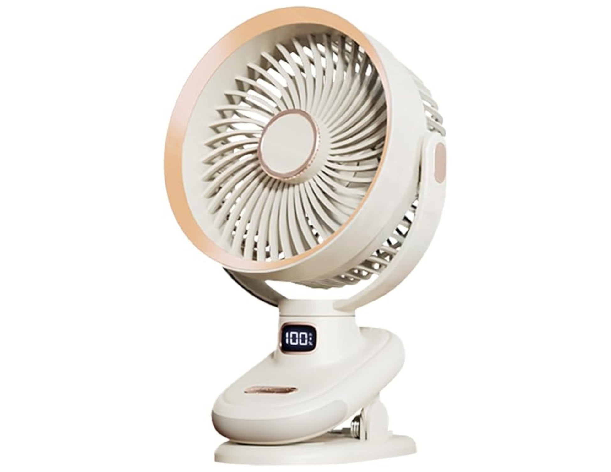 White and beige clip-on fan with digital display on a white background