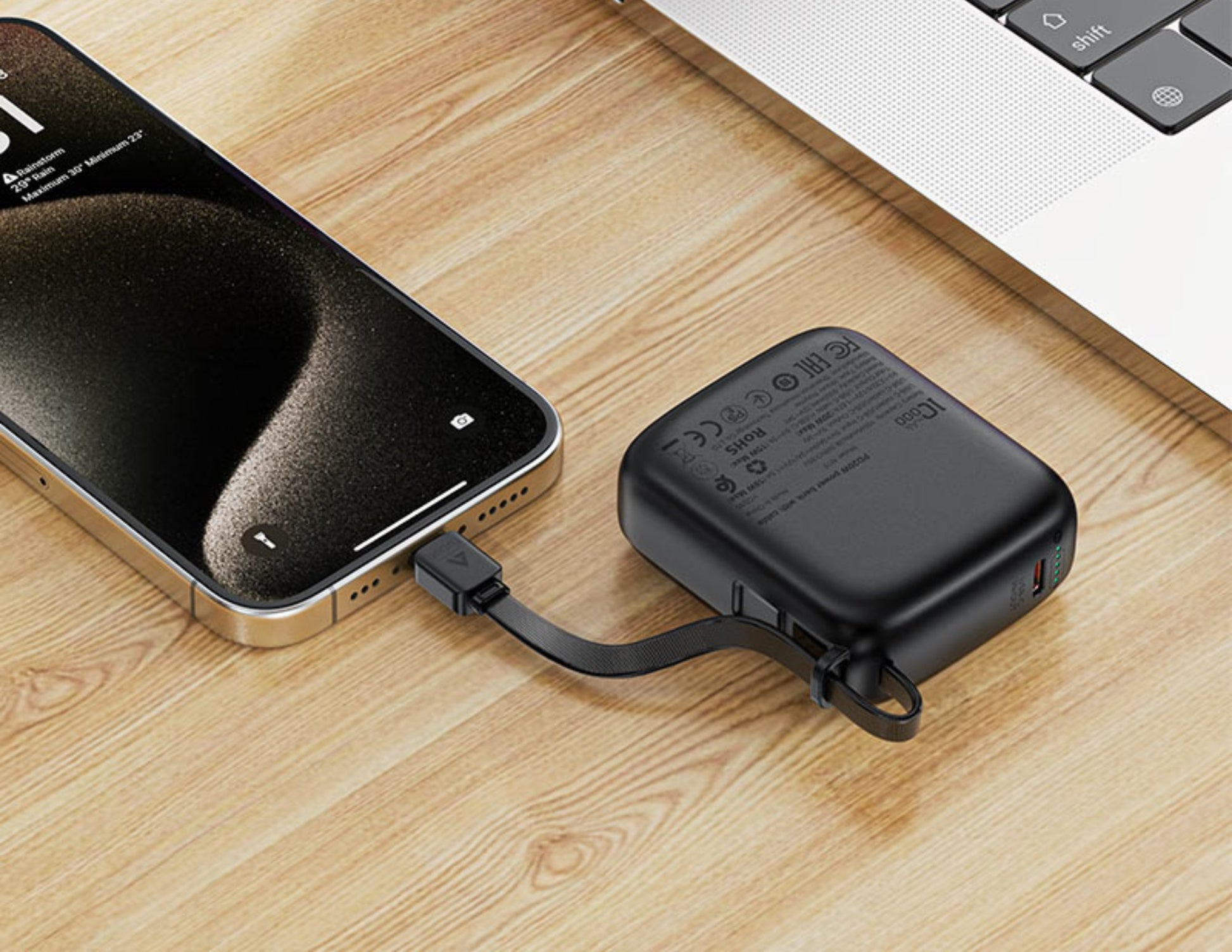 Acefast M15 10000mAh Power Bank connected to a smartphone on a wooden surface